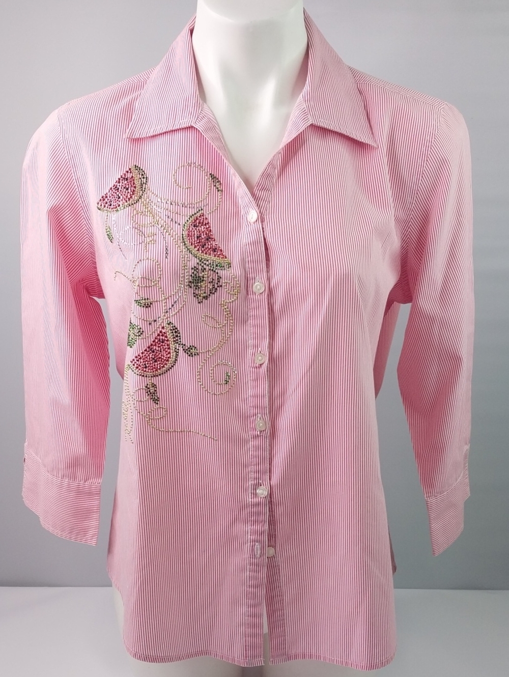Tia Embellished Pink Striped Button-Up Blouse (150)